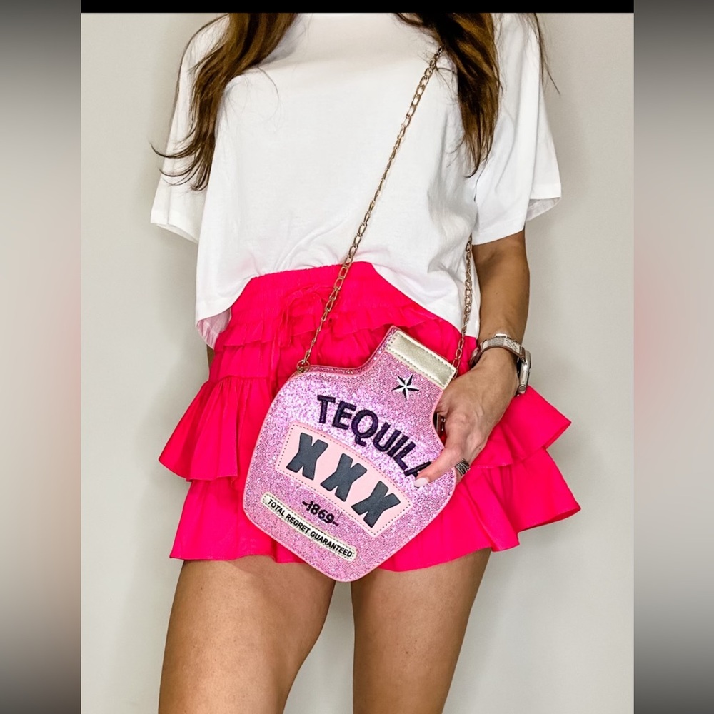 Pink Glitter Tequila Bottle Crossbody Bag NWT